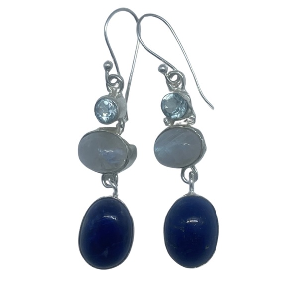 Earrings set in 925 Sterling Silver with Genuine Semi-Precious Gemstone Blue Top - Picture 1 of 1